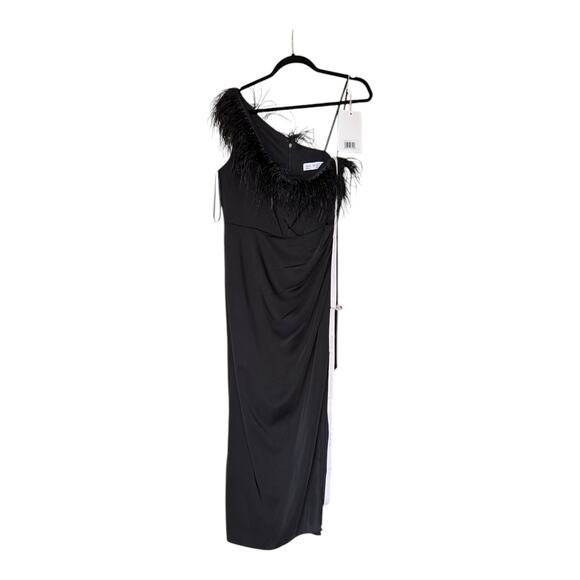 Mac Duggal 68147 One Shoulder Draped Length Dress Feather Trim Black Size 10 NWT - Picture 5 of 16